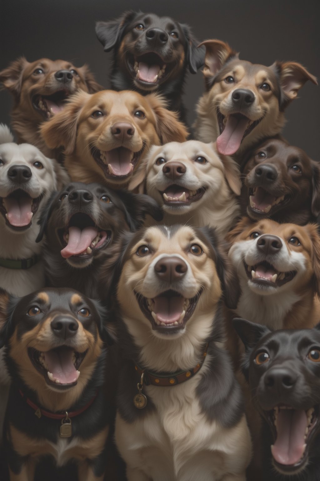 A closeup shot of a group of joyful dogs.The dog in the center of the frame is a golden retriever, with a black collar around its neck. Its mouth is slightly open, and its tongue is sticking out. The other dogs are a mix of brown, black, and white, and their heads are angled slightly to the right. The background is dark, creating a stark contrast to the dogs.,ct-pop2