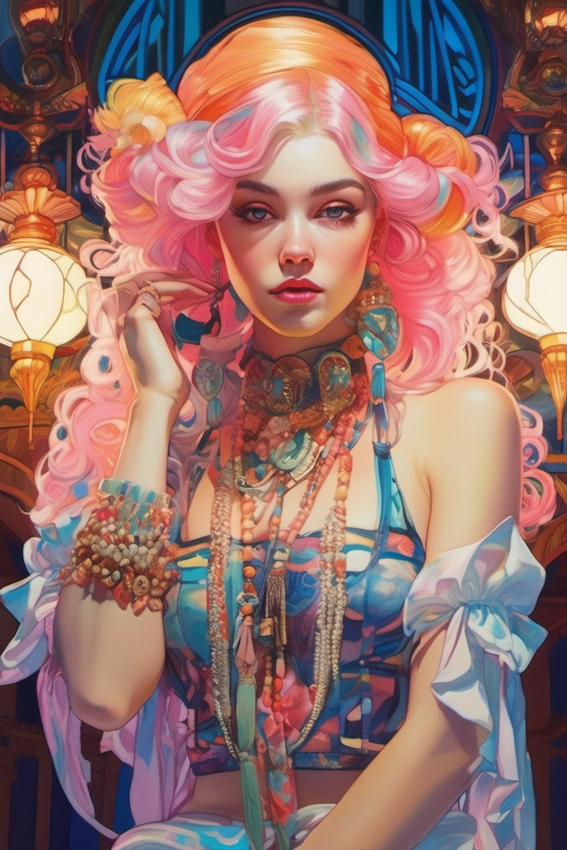 Anime artwork, rococo, grand photograph, polaroid, girl as a wild Gypsy, neon glowing hair, canon 5d mark 4, neon light, kodak ektar, flamboyant, pastel colors, curved lines, elaborate detail, rococo, art by J.C. Leyendecker