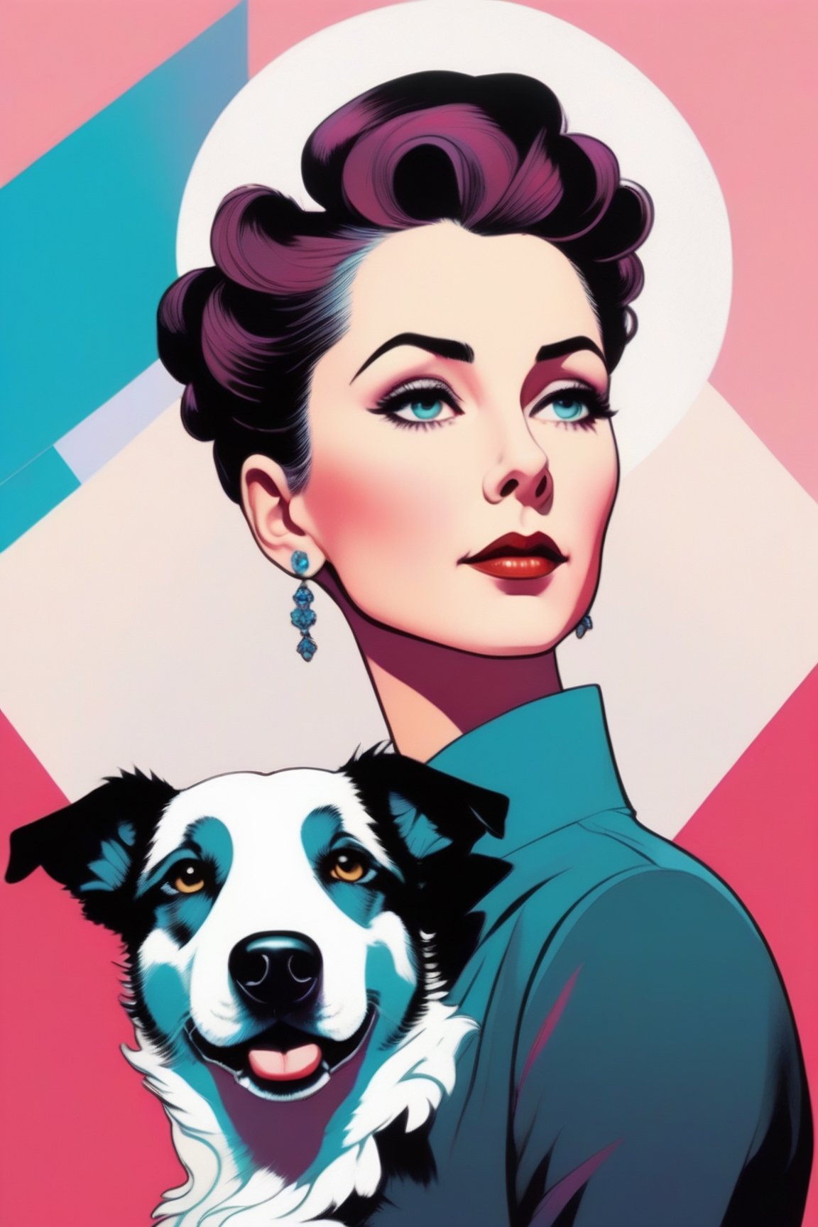 Portrait, Bright saturated colors, European features,  Eleganct woman standing with a black and white dog, Norman Rockwell style, Vibrant color scheme, Nanette Fluhr, Caricatural, Matte tones, don maitz, minimalist masterpiece, Digital art anime, Flat illustration, elegant lines and shading, dark pastels, color gradient,vaporwave style