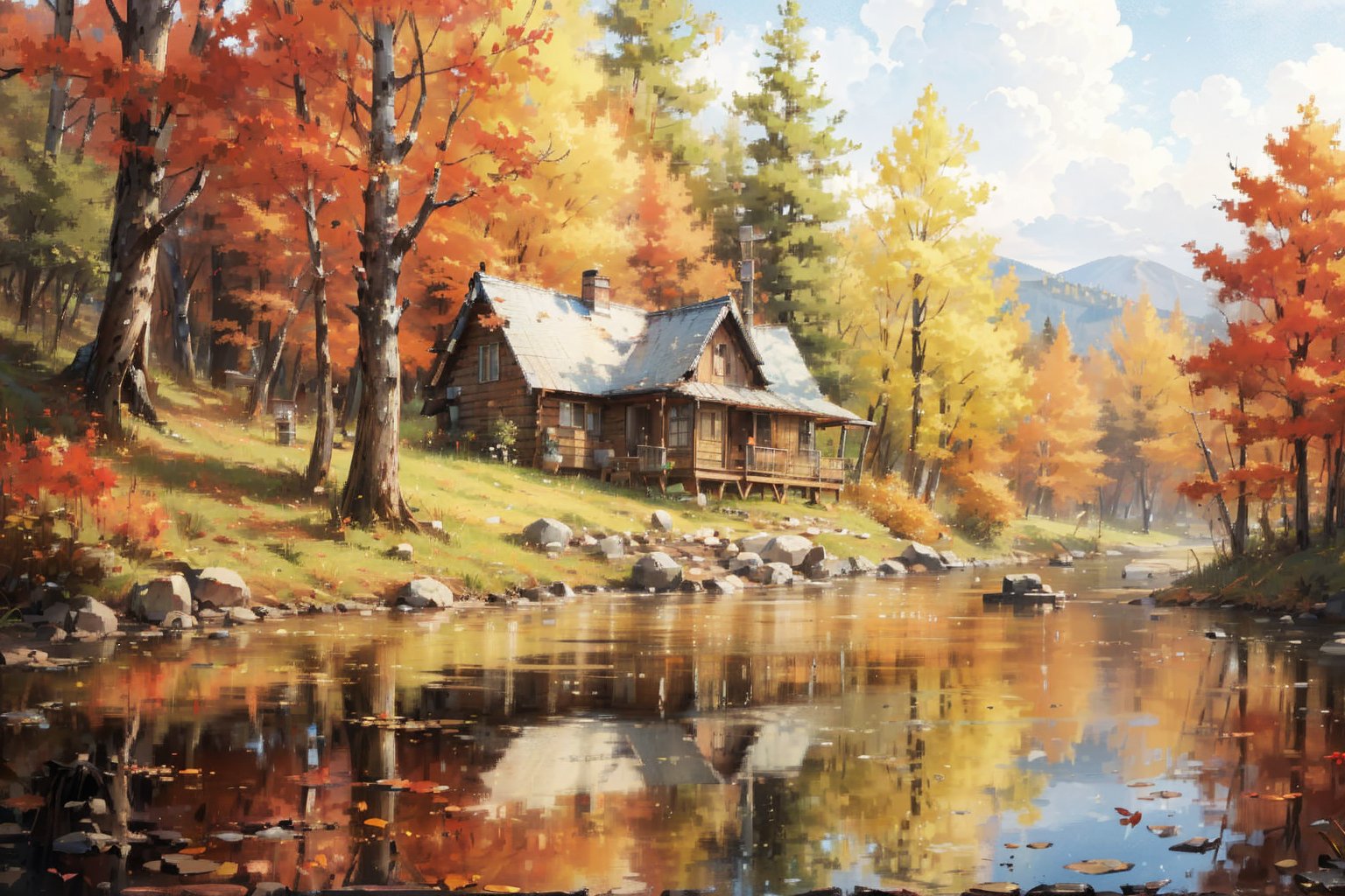 a full view of a rustic wooden cabin, adorned with a white roof and a chimney. The cabin is situated on a small lake, surrounded by a forest of trees, their leaves changing colors, adding a touch of color to the scene. The lake's reflection can be seen in the water, creating a peaceful and serene atmosphere. The sky is a muted blue, with a few wispy clouds in the distance.