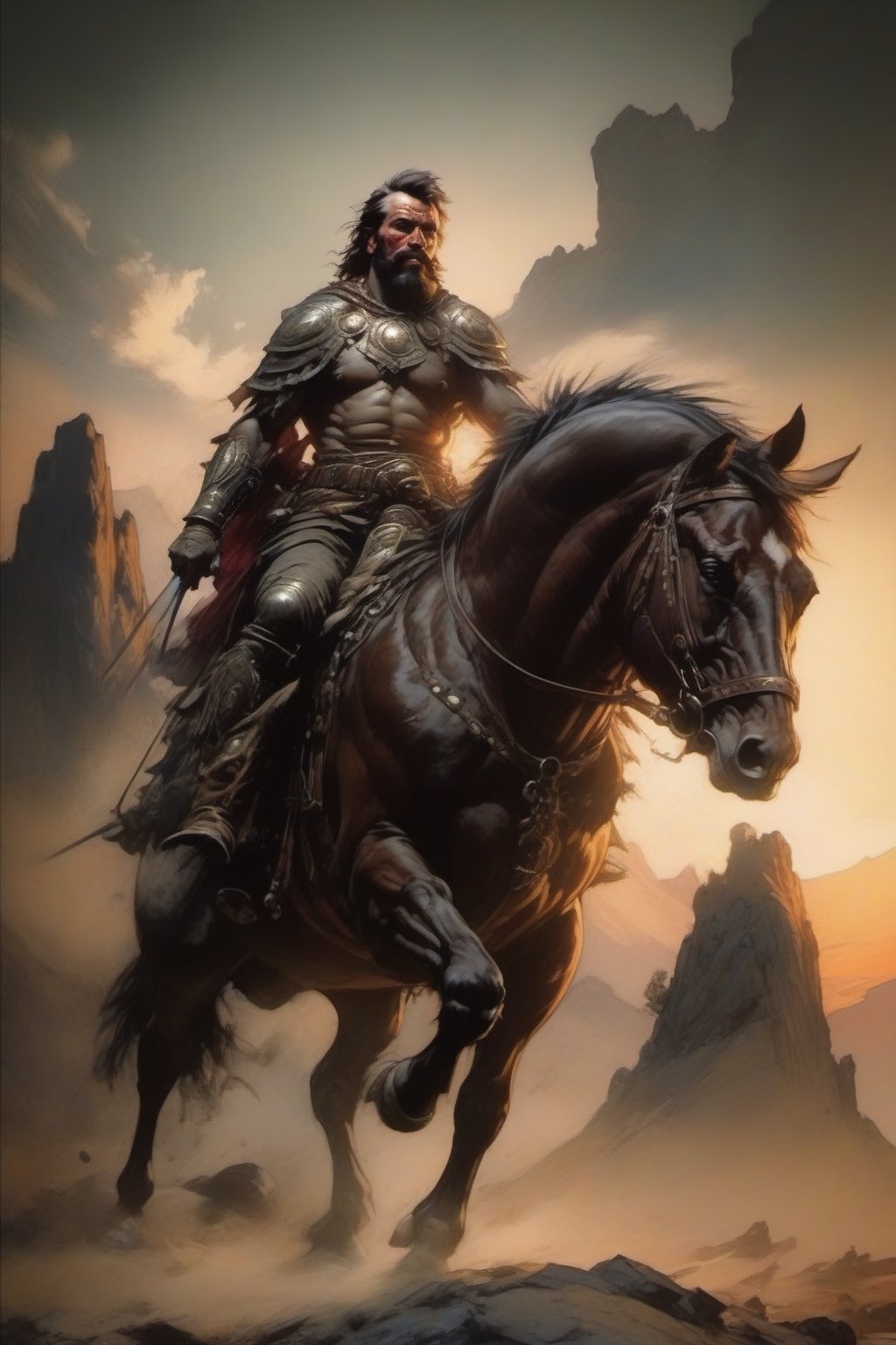 (((art by John Singer Sargent, Frank Franzeta, Simon Bisley))) warrior riding his horse across the mountain, solo,  cool and fierce face, mountain landscape at sunset, weapon, epic fantasy character art, concept art ,armor, axe, gauntlets, DnD, in the style of realistic and hyper-detailed renderings, 8k, detailed eyes, epic, dramatic, fantastical, full body, intricate design and details, dramatic lighting ,fr4z3tt4 