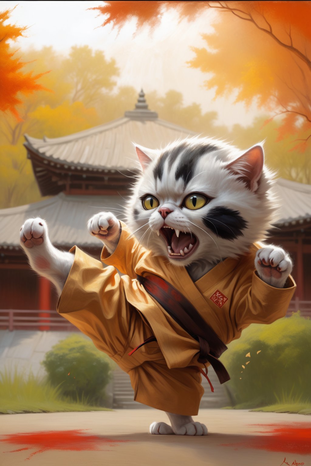 a sleek black cat in traditional Karate clothing, The cat's is shouting in its roundhouse kick at mid air, as if frozen in time, and its eyes are fixed intently on the target. A soft, diffused light illuminates the scene, casting no shadows. more detail XL, in the style of esao andrews