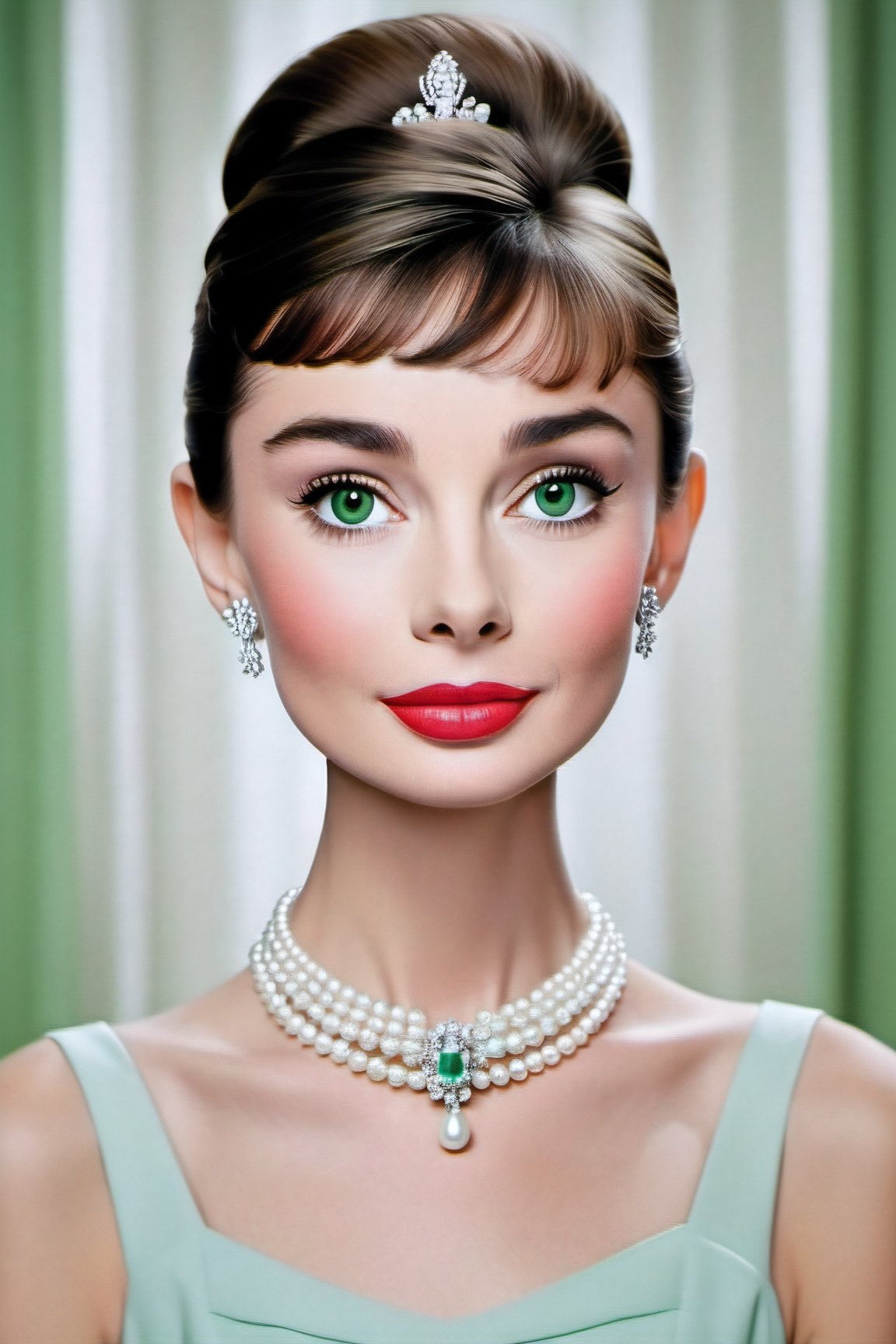 highly detailed lady portrait of a elegant cat with round green eyes, as a (Audrey Hepburn:1.6), (pearl necklace:1.5) and (head jewelry ornament:1.4),  magical, background, (shallow depth of field:1.4), global illumination, radiant light, detailed and intricate environment #cinematic, light shafts, dust motes  sparkles, (Extremely Detailed Oil Painting:1.2), glow effects, godrays, Hand drawn, render, 8k, octane render, cinema 4d, blender, dark, atmospheric 4k ultra detailed, cinematic sensual, Sharp focus, humorous illustration, big depth of field, Masterpiece, colors, 3d octane render, 4k, concept art, trending on artstation, hyperrealistic, Vivid colors, extremely detailed CG unity 8k wallpaper, trending on ArtStation, trending on CGSociety, Intricate, High Detail, dramatic