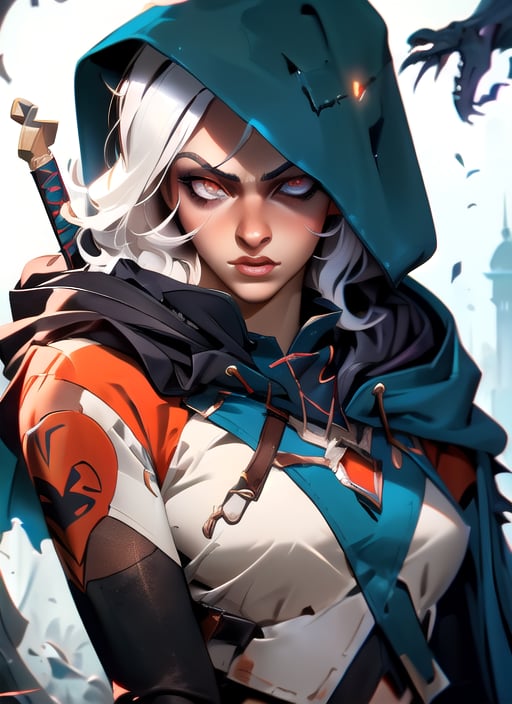 drow, strong man, the witcher, solo, navel, hood, colored skin, midriff, looking at viewer, long hair, cloak, dark magic, white hair, hood up, cape, tattoo, hooded cloak, belt, pouch, pgrey skin, orange eyes, upper body, weapon, glowing eyes, lips, ((masterpiece, best quality)), art by greg rutkowski, trending on artstation  