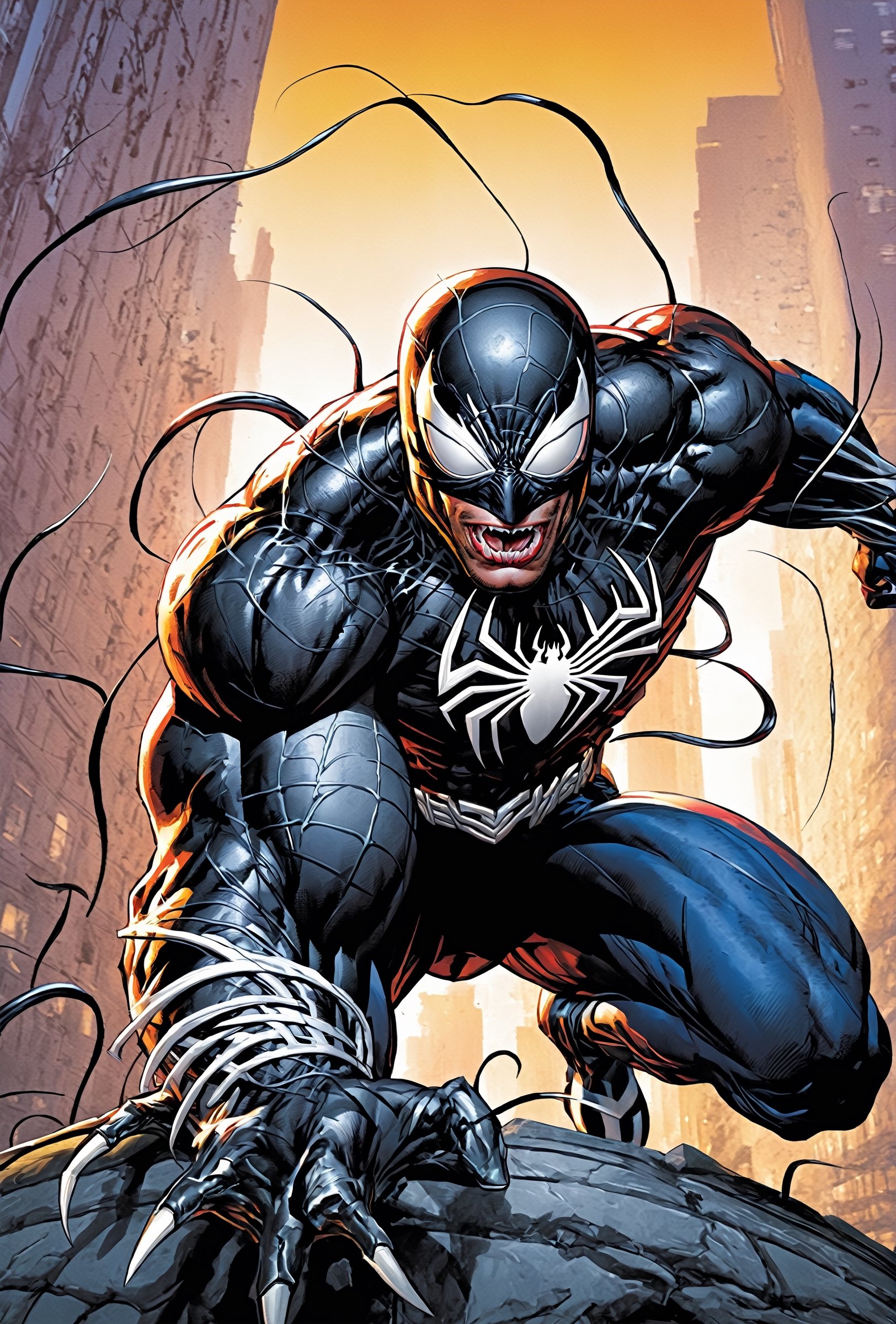 jim lee-style, ultra detailed illustration of venom spider-man, pov, posing, (tetradic colors), inkpunk, ink lines, strong outlines, bold traces, unframed, high contrast, 32k resolution, best quality, (chromatic aberration:1.8),dark,Comic Book-Style 2d,greg rutkowski, full body, Perfect Hands