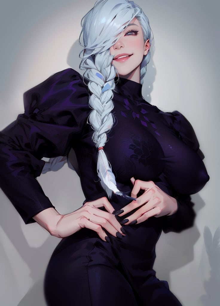 meimei,1woman,hair cover one eye, solo, looking_at_viewer, smile, bangs, big breast, parted_lips, hair_over_one_eye, twin_braids, turtleneck, surrounded by  crows, feathers, juliet_sleeves, black_feathers, solid black_bg, nighttime, red_rim light