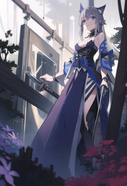 (best quality:1.4), 1girl, solo, blue eyes, small breasts, grey hair, cat ears, average breasts, big_fangs, bones, right hand at the waist, hand_raised, genshinweapon, katana, ciberpunk, Flatorte, small hands, purple flowers, sweet smile,
background forest, white forest, wood, ,asuna yuuki,no_humans