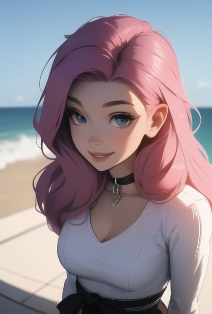 (best quality:1.4), 1girl, solo, average breasts,  cute_smile, Deep pink hair,SAM YANG,Detailedface, choker, сat ears rim, open waist, view from above
