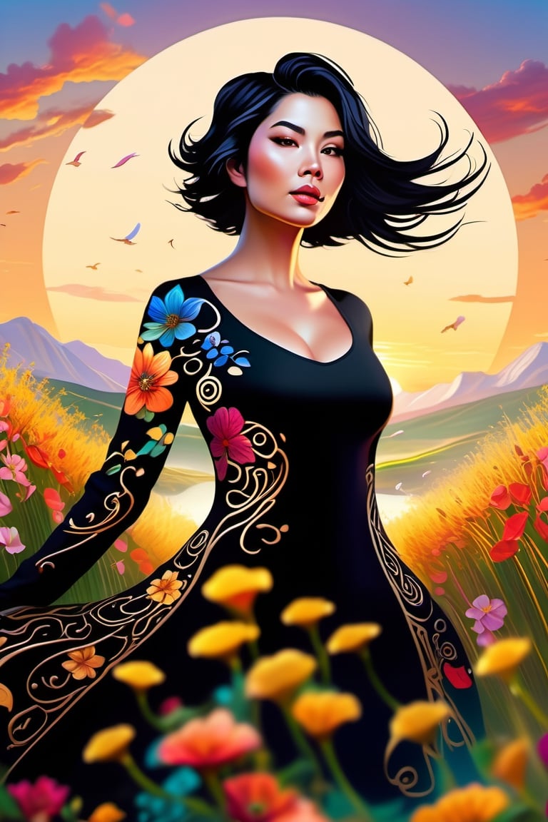 beautiful woman with short flowy black hair blowing with the wind, colorful floral tattoos covering her bodywalking through a field with flowering vines, work of beauty and complexity with intricate elements that differentiate this imagine from other, 8k UHD, steve fraschini style, colorful rendition, curvy_hips, EpicSky, sunset sky,  amber glow, hazel eyes, hyperdetailed face , sexy,aodai,photo r3al