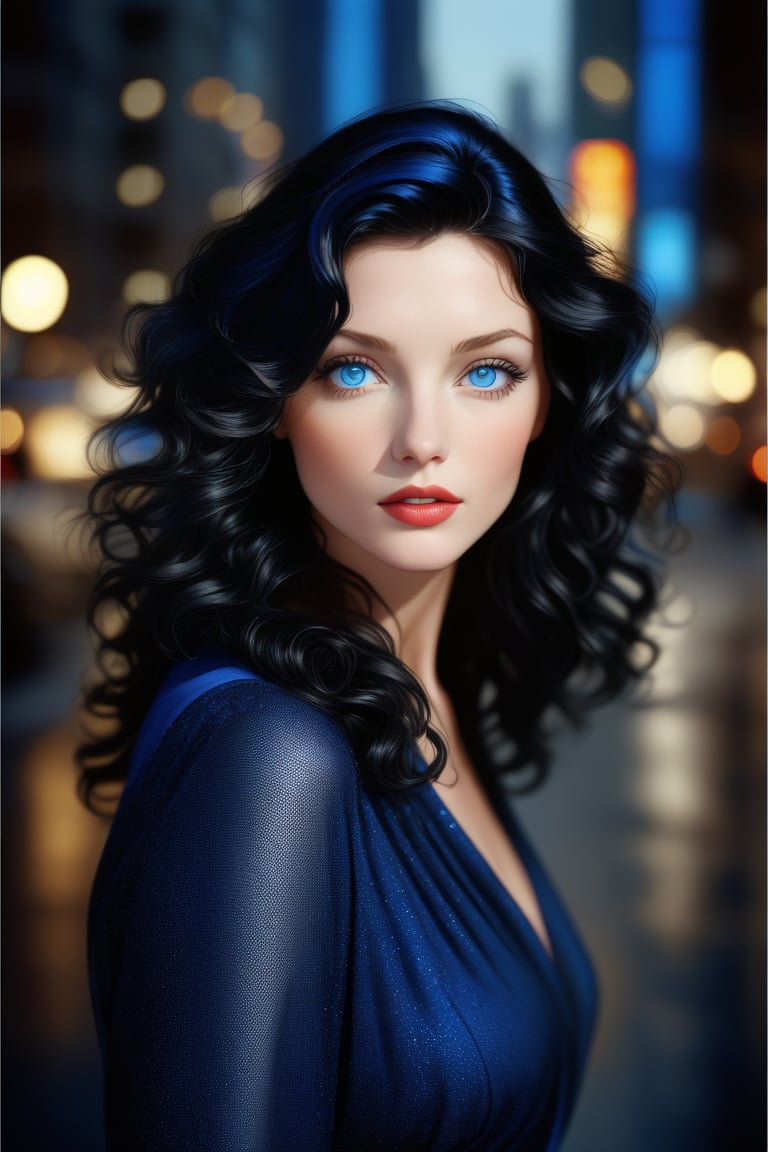 Beautiful Woman, realistic blue eyes, black wavy hair, Photorealistic, Detailed, Professional Photography, Natural Lighting, city at night,  Richard Avedon, style, complex, elegant 