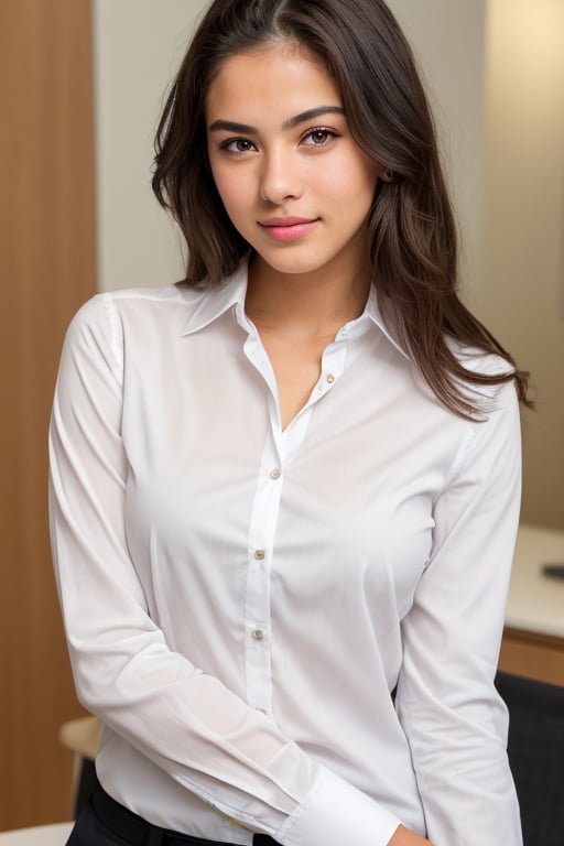 photo of 18 y.o american waif-like model, brown eyes, seductive look, full lips, white shirt, at a corporate office, warm lighting, detailed skin, detailed eyes