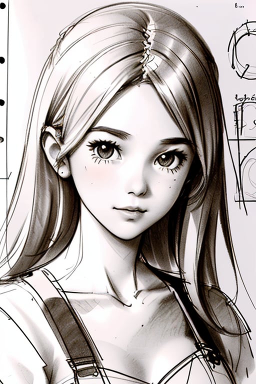 (((Cute European teen girl))),(best quality:1.2),(masterpiece, intricate details), master designer,((female sketch)),(pencil speed drawing works),((user manual, sketch:1.5)), (detailed explanation and description, text, production drawing),documentation,monochrome,solo,part,design flow,high tech,