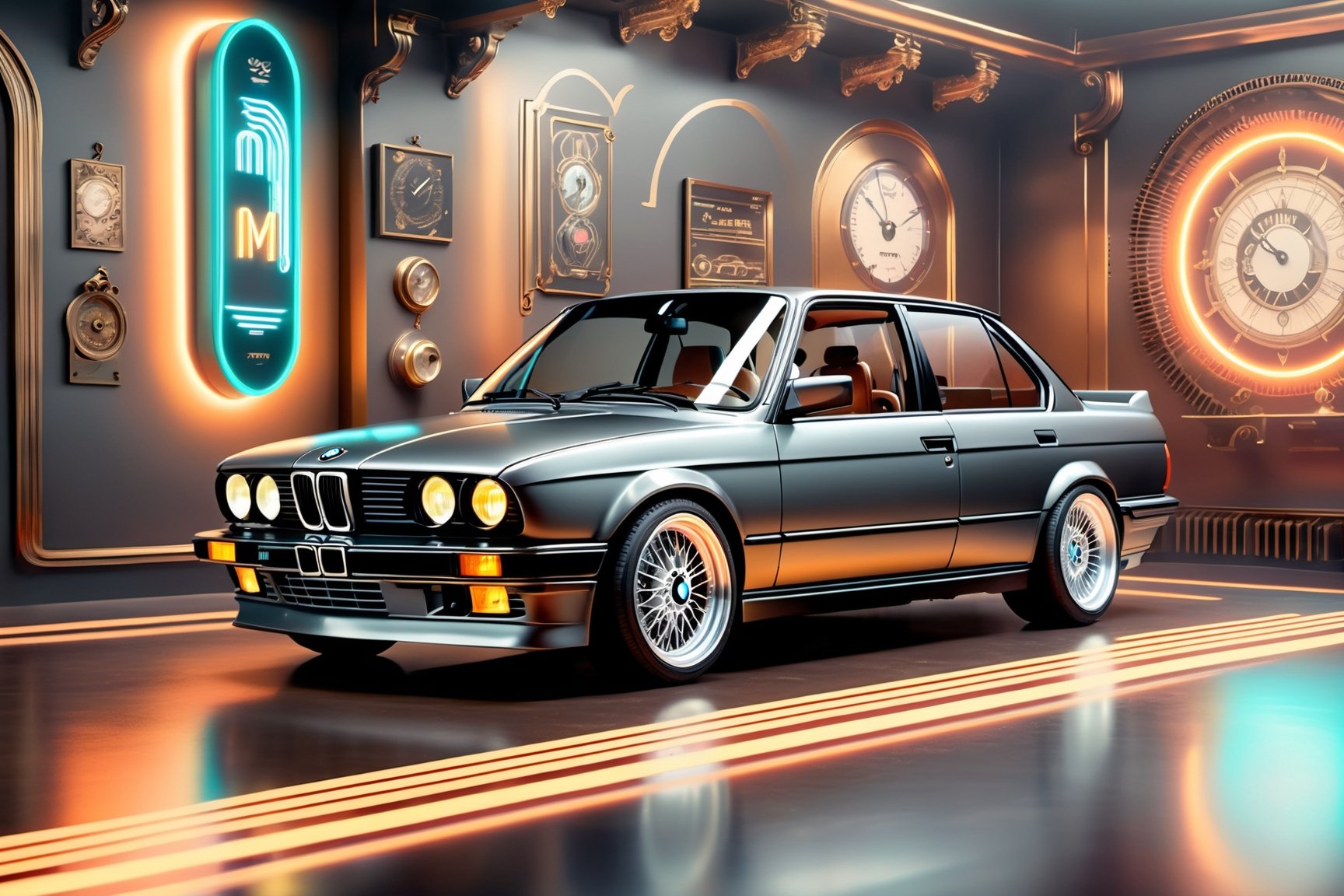 Neo-Rococo, Retro-themed illustration, (Gunmetal Grey BMW E30 Mtech:1.3) with a vintage twist, (Old-school cool:1.3), (Classic lines:1.2), (Nostalgic charm:1.2), BREAK, (backdrop backdrop:1.3), (Retro vibes:1.3), (Neon signs:1.2), (Vibrant atmosphere:1.2), Created with a retro touch, Timeless color palette, Distinctive details, curved forms, naturalistic ornamentation, elaborate, decorative, gaudy, Neo-Rococo, volumetric, fog, smoke
,steampunk style,DonMCyb3rN3cr0XL 