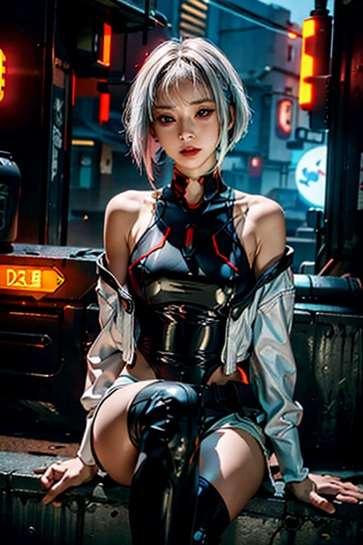 lucy \(cyberpunk\), 1girl, 20 years old beautiful Japanese, skinny, bangs, white off shoulders jacket, bare shoulders, belt, black belt, black leotard, black pants, blurry, bob cut, breasts, clothing cutout, cropped jacket, cyberpunk edgerunners, building, neon:1.8, cyberpunk:1.2, sci-fi:1.2, futuristic:1.2, cyberpunk edgerunners cityscape depth of field, gradient eyes, grey eyes, grey hair, jacket, leotard, lips, long sleeves, looking at viewer, small breasts, multicolored eyes, multicolored hair, night, night sky, off shoulder, open clothes, open jacket, outdoors, pants, seductive smile, erotic pose, parted lips, red eyeliner, science fiction, short hair with long locks, short shorts, shorts, sidelocks, sky, solo, sitting, crossed legs, teeth, thigh cutout, upper teeth only, white jacket, white shorts, cyberpunk \(series\), cyberpunk edgerunners,LUCY \(CYBERPUNK\),Real,cbpkv5, bright lighting 