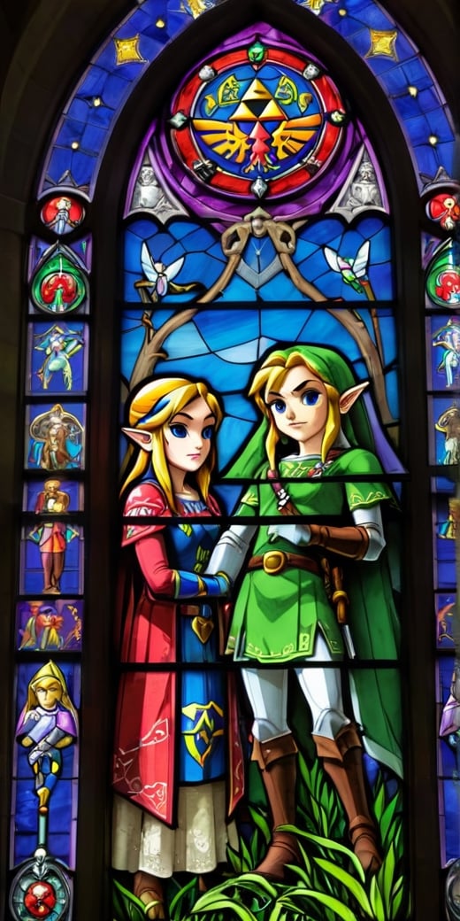 stained glass windows with the legend of zelda characters on them, zelda style art, nintendo game art, stained glass art, legend of zelda, stained glass style, the legend of zelda, stained glass!!, stained glass windows, stained glass, wind waker, stain glass, from legend of zelda, mystical cathedral windows, hyrule, intricate stained glass