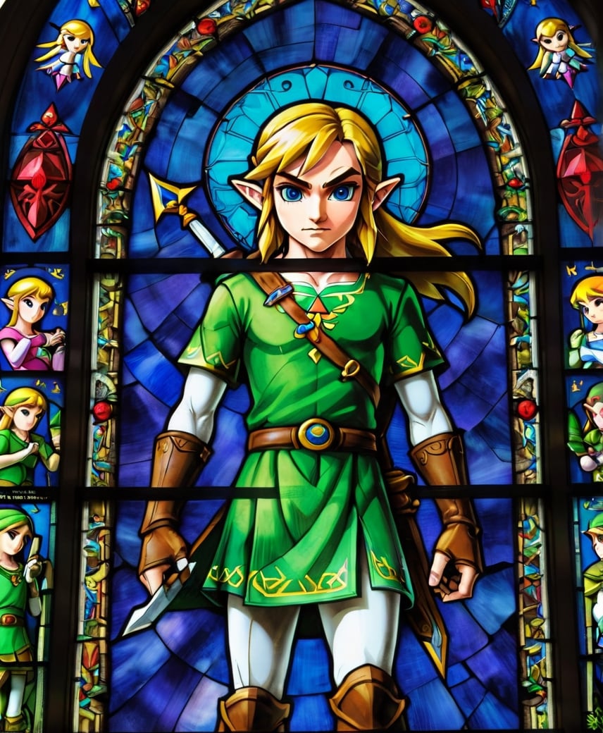 stained glass window with the legend of zelda character link, on them, zelda style art, nintendo game art, stained glass art, legend of zelda, stained glass style, the legend of zelda, stained glass!!, stained glass windows, stained glass, wind waker, stain glass, from legend of zelda, mystical cathedral windows, hyrule, intricate stained glass