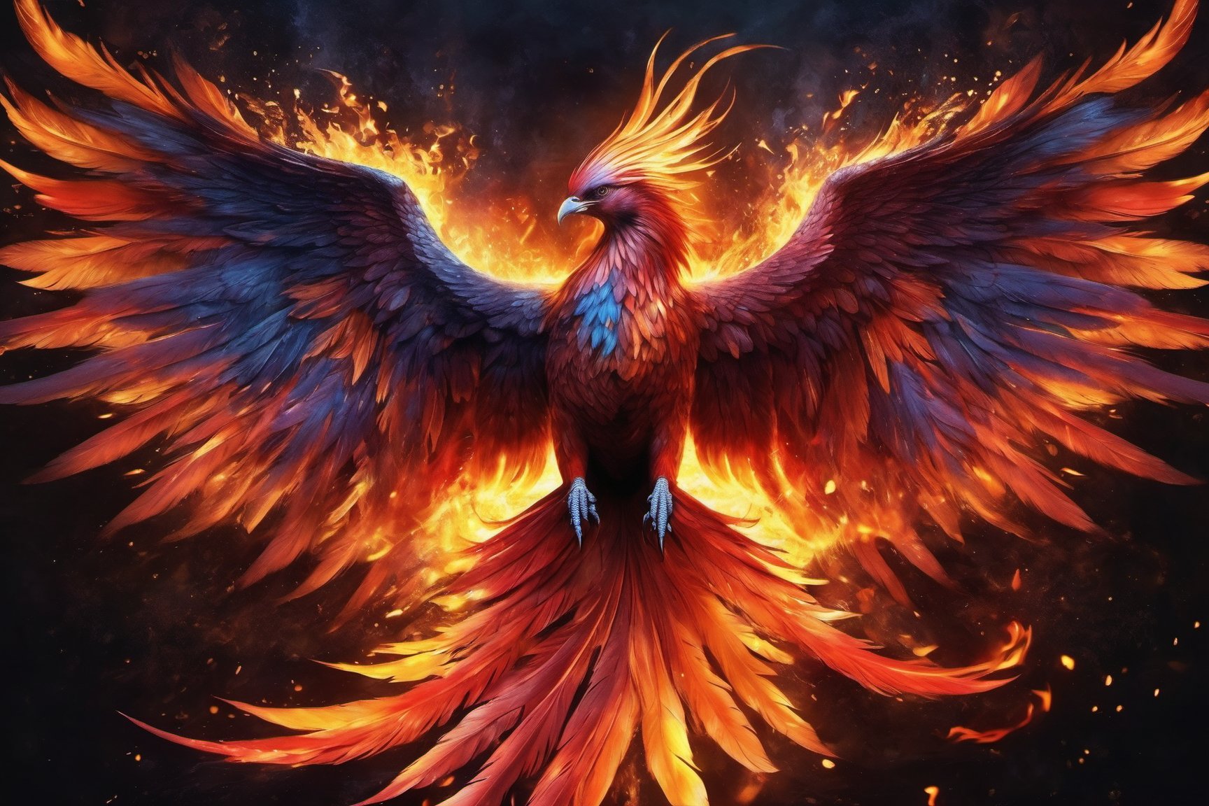 beautiful art, 3d render, hyperdetailed, phoenix bird rising, flame wings, flame feathers, surrounded by sparks, colorful harmonic, oil canvas, watercolor, dark rococco nature, artistic, painting, illustration, masterpiece, dark, detailed, cinematic