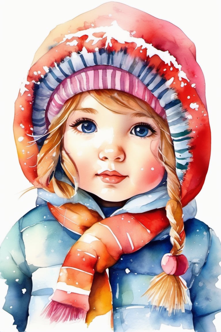 girl, cute doll, winter, watercolor, strong colors, centered, ai, eps, colorful harmonic, detailed, white backdrop, white background