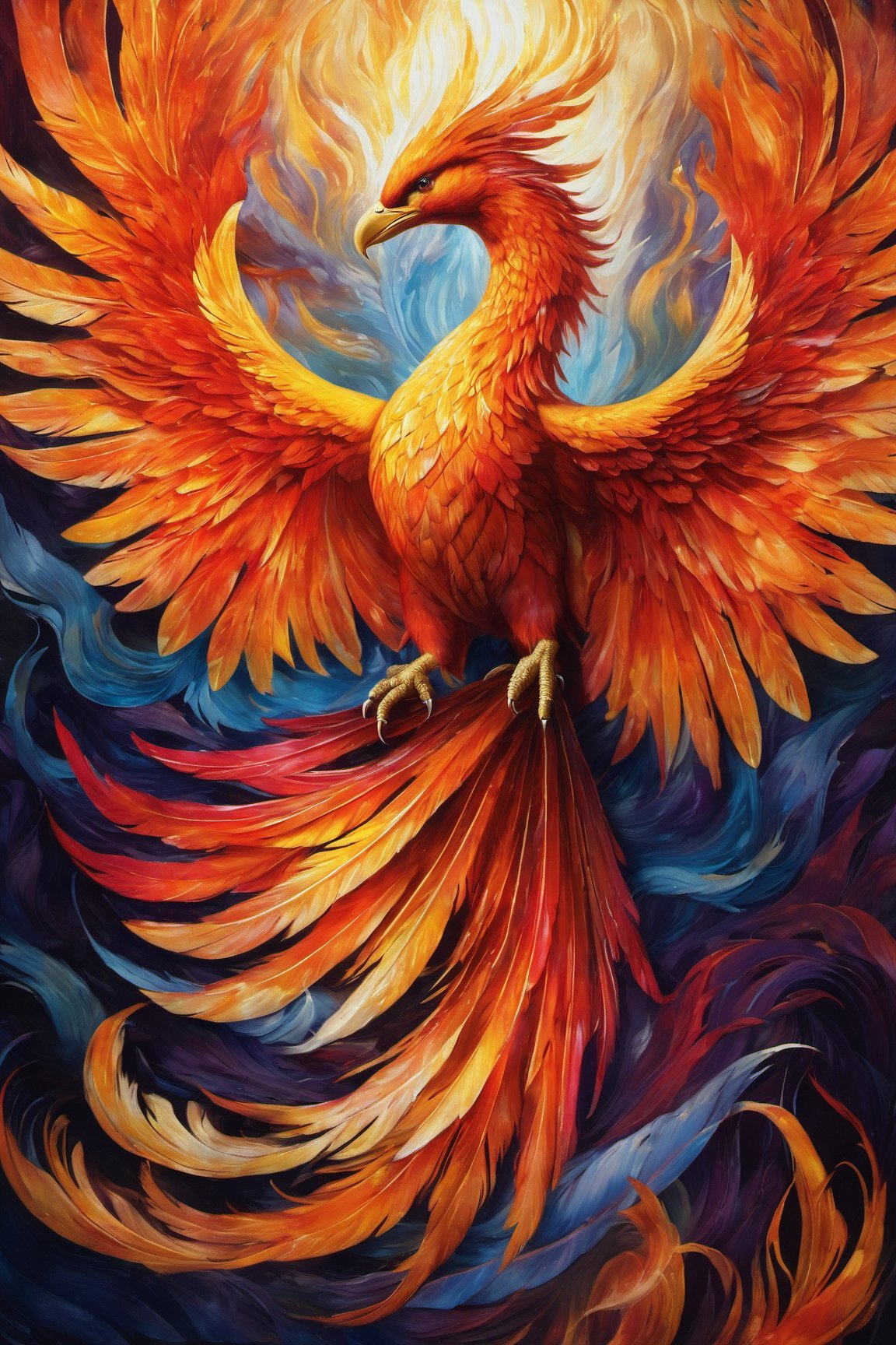 beautiful art, 3d render, hyperdetailed, phoenix bird rising, flame wings, flame feathers, surrounded by sparks, colorful harmonic, oil canvas, watercolor, dark rococco nature, artistic, painting, illustration, masterpiece, dark, detailed, cinematic