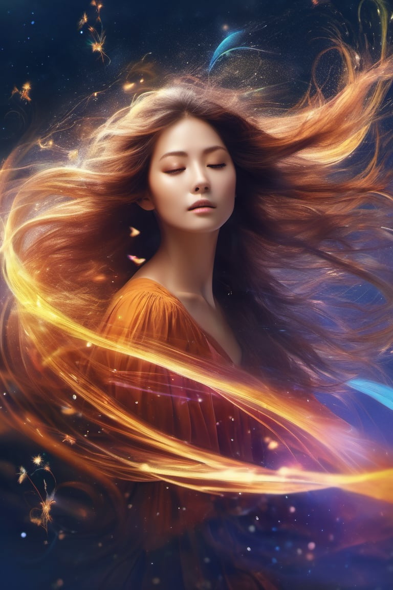 woman, air, hair flowing on the wind, air swirls, sparks, beautiful, cute, artwork, digital art, illustration, colorful harmonic, artistic, matte painting