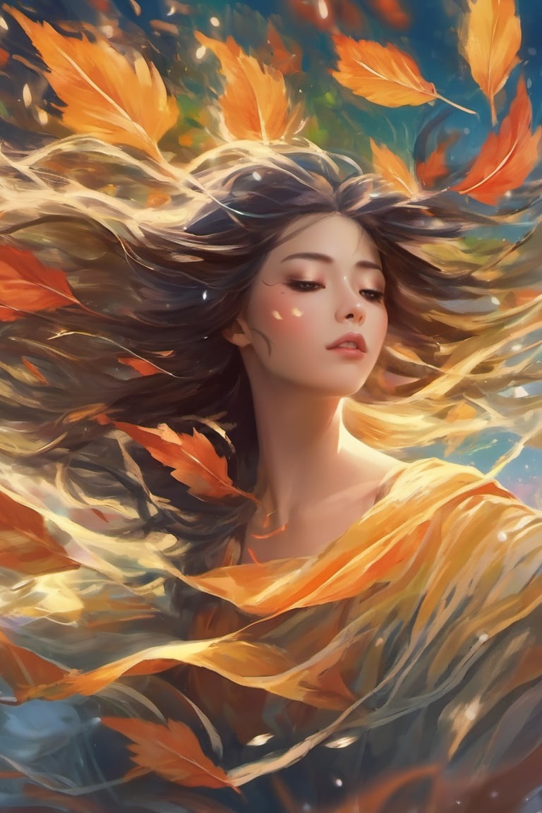 wind fairy, wind, hair flowing on the wind, leafs on the wind, wind swirls, sparks, beautiful, cute, artwork, digital art, illustration, colorful harmonic, artistic, matte painting