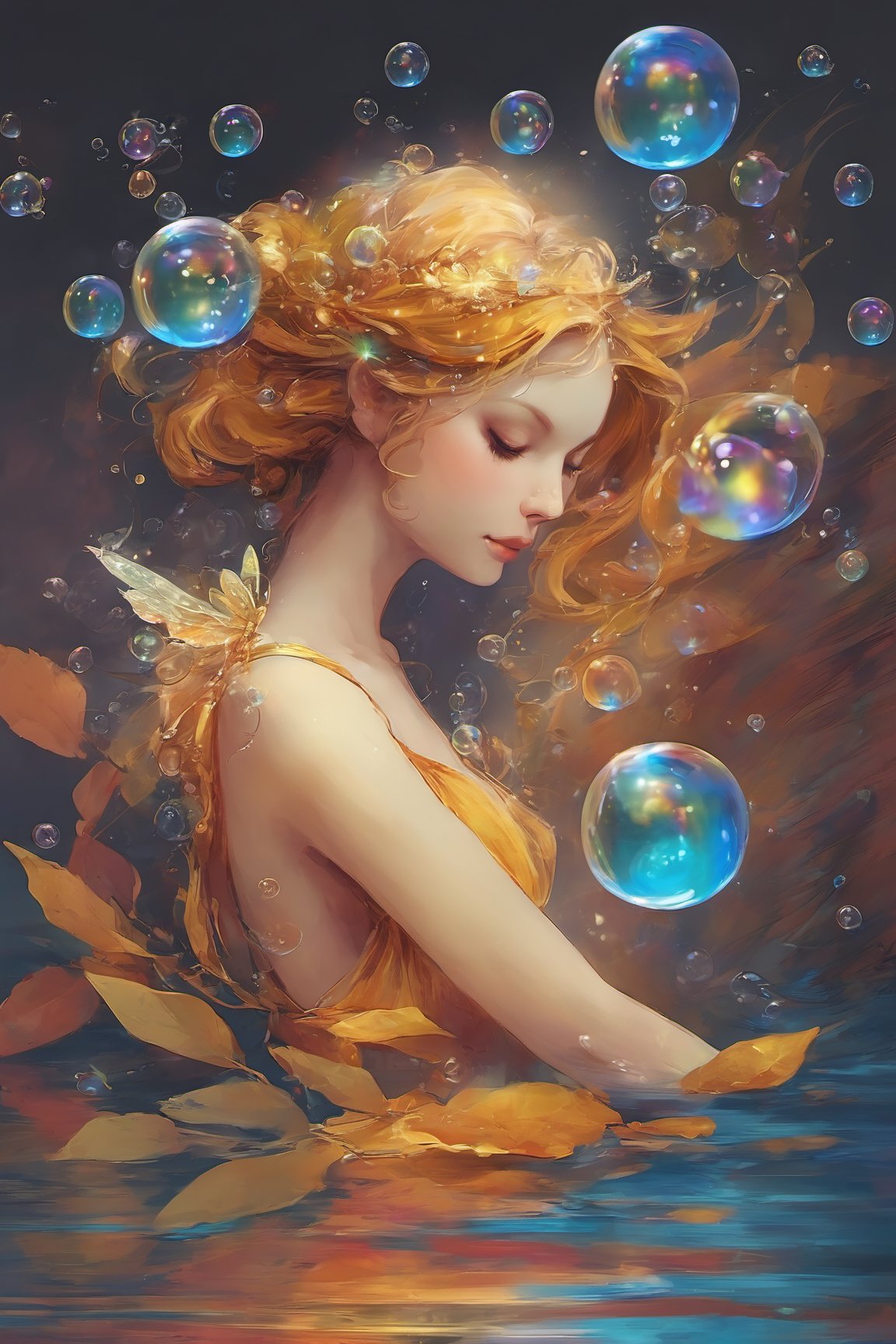 water fairy, bubbles, sparks, beautiful, cute, artwork, digital art, illustration, colorful harmonic, artistic