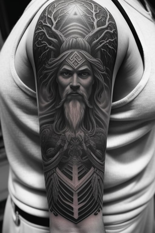 A majestic tapestry of Norse legends adorns your shoulder in the breathtaking tattoo "Norse Legends Unleashed," expertly designed to seamlessly integrate with the natural contours of your body.

The tattoo encompasses the entirety of your shoulder, its intricate details and captivating characters scaling perfectly to fit the canvas. The centerpiece of the design is the mighty figure of Odin, the Allfather, who stands tall in regal armor. His one-eyed gaze, exuding wisdom and cosmic knowledge, adds an air of gravitas to the artwork.

Beneath Odin, the world tree, Yggdrasil, stretches its roots and branches across your shoulder, connecting the realms of existence. The delicate etchings of the tree's leaves and tendrils lend an organic flow to the tattoo, accentuating its harmony with your body.

On the branches of Yggdrasil, the mischievous figure of Loki comes to life, his ever-changing form appearing as if a trick of the eye. His cunning grin and enigmatic presence add a sense of playful unpredictability to the artwork.

Jörmungandr, the fearsome sea serpent, encircles the lower part of your shoulder, its massive coils adding a touch of fierceness and awe to the design. The fine lines of the serpent's scales and the intensity of its expression bring this mythical creature to life with stunning realism.

Above the scene, Valkyries soar gracefully with their outstretched wings, their celestial forms lending a touch of ethereality to the tattoo. Their presence seems to emanate strength and valor, as if they have come to guide fallen warriors to the halls of Valhalla.

The icy realm of Jotunheim looms faintly in the distance, adding a subtle touch of coldness and mystery to the background, enhancing the overall atmosphere of the tattoo.

A mesmerizing aurora dances across the top of the design, mirroring the Northern Lights with vibrant colors that gently transition across your shoulder. This celestial display accentuates the divine nature of the legends depicted, creating a captivating visual spectacle.