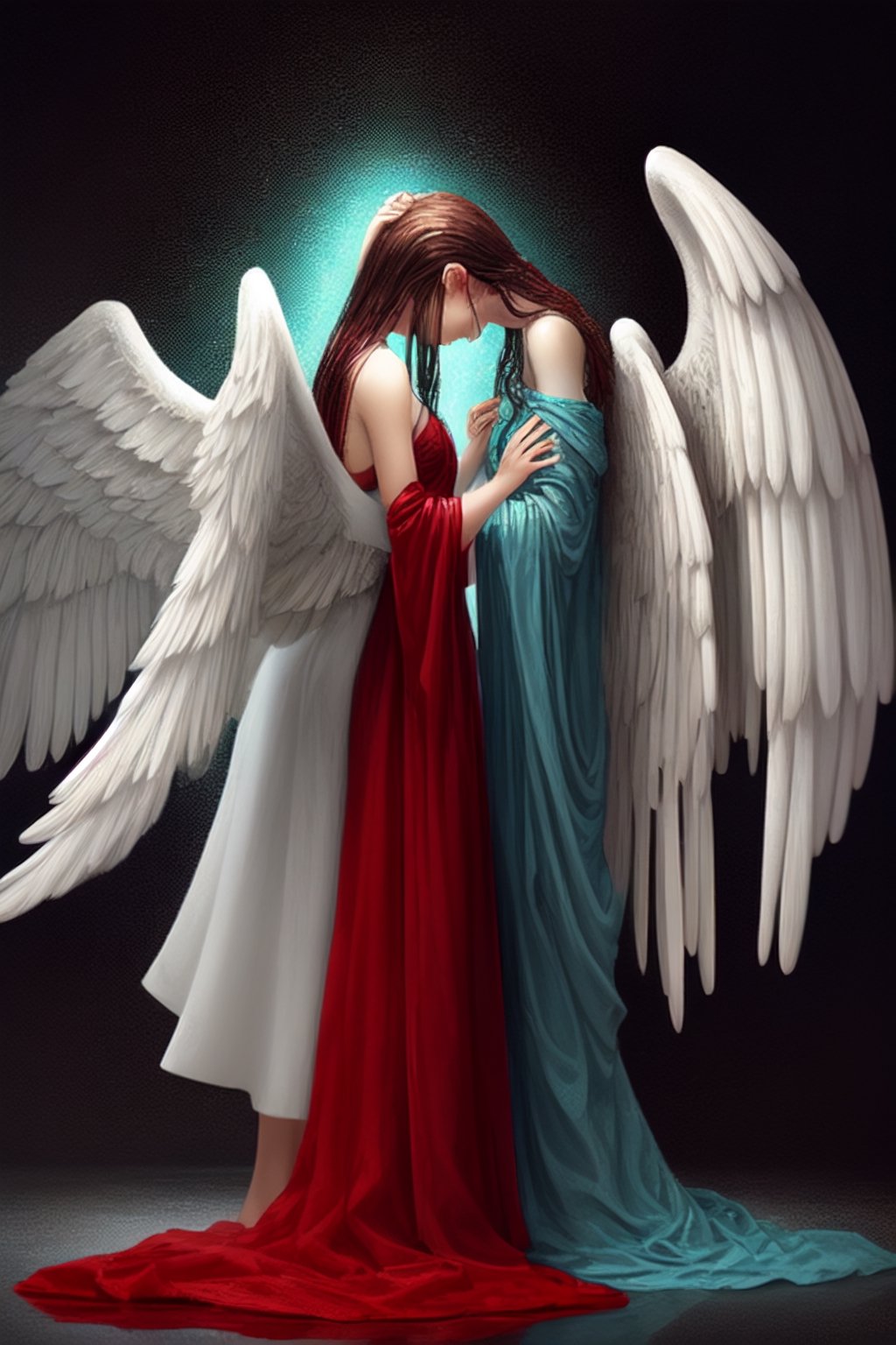 side view of an angel crying into her hands. stood side on. colours_red