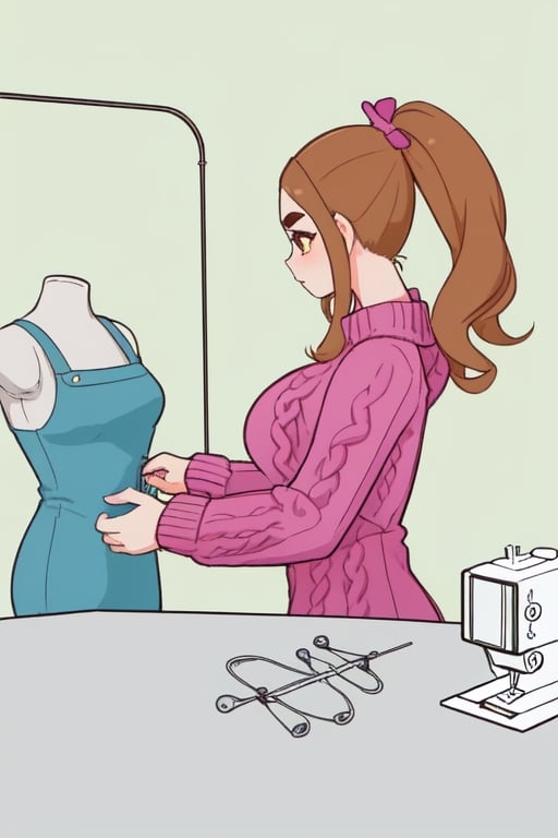 Epic. illustration. Young woman, Chestnut_hair, Brown_eyes, thick_eyebrows, long_hair. Fluffy_sweater. Dressmaking. Table with sewing machince. pastel_colors