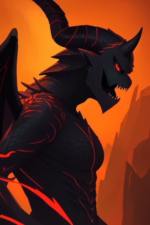 Epic. illustration. Dragonborn queen [dragon wings], slim, black_hair, red_eyes, angry_eyes, pretty_face, black_horns, red_scales. Orange_background, background_sky.