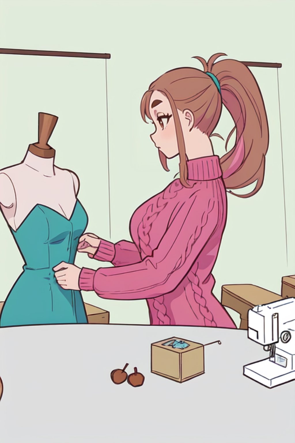 Epic. illustration. Young woman, beautiful Chestnut_hair, Brown_eyes, thick_eyebrows, long_hair, ponytail. Pink coloured Fluffy_sweater. Dressmaking. Table with sewing machince. pastel_colors. Mannequin with blue fancy dress. Clothes rail in background. Green walls.