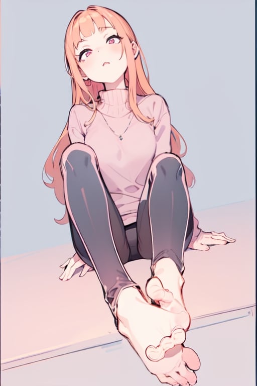 Young lady [Orange hair, pink sweater, black leggings, barefeet] sitting on Office desk