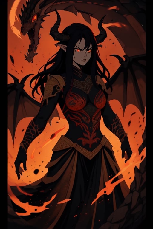 Epic. illustration. 1woman, Dragonborn queen [dragon wings], slim, black_hair, red_eyes, angry_eyes, pretty_face, black_horns, red_scales. Orange_background, background_sky.