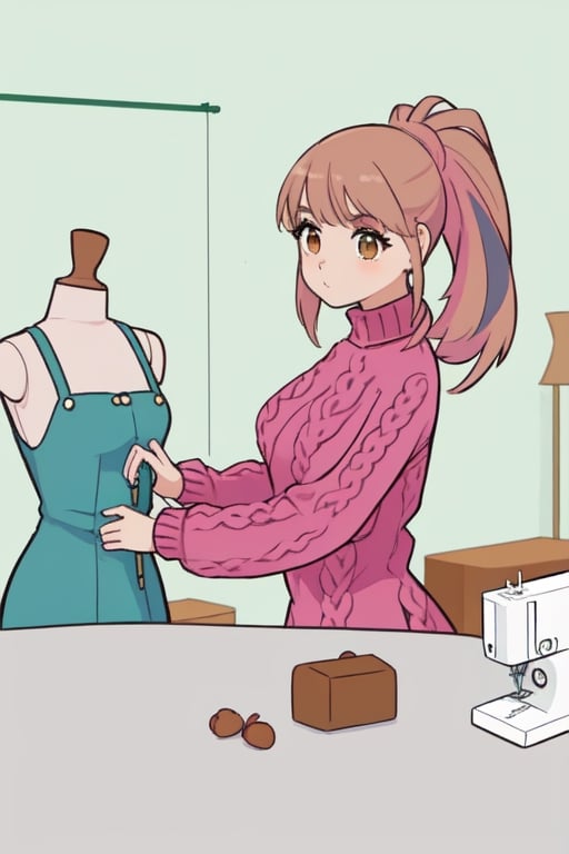 Epic. illustration. Young woman, beautiful Chestnut_hair, Brown_eyes, thick_eyebrows, long_hair, ponytail. Pink coloured Fluffy_sweater. Dressmaking. Table with sewing machince. pastel_colors. Mannequin with blue fancy dress. Clothes rail in background. Green walls.