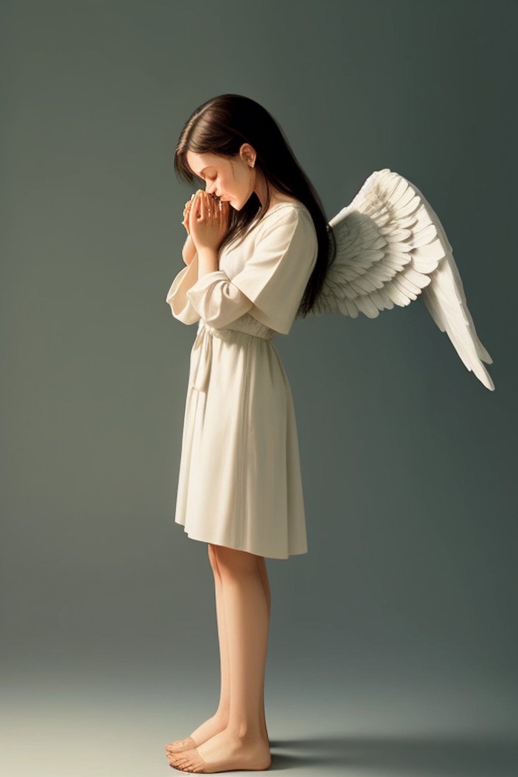 side view of an angel crying into her hands. stood side on.