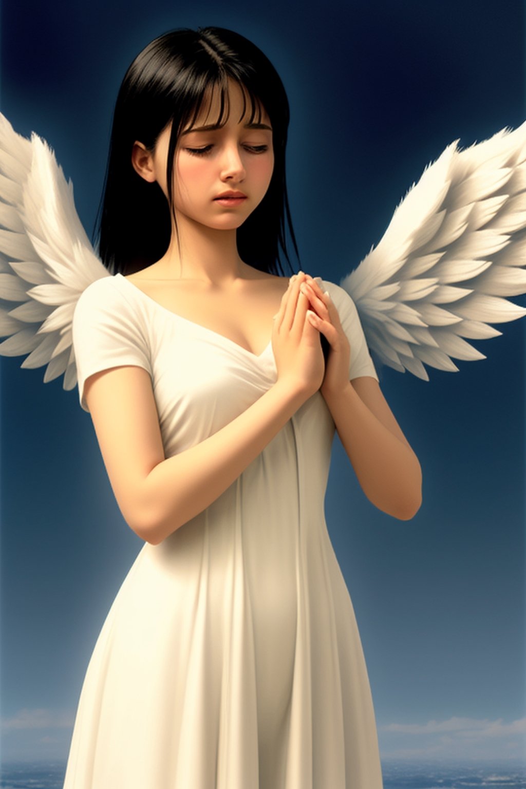 angel crying into her hands. stood side on.