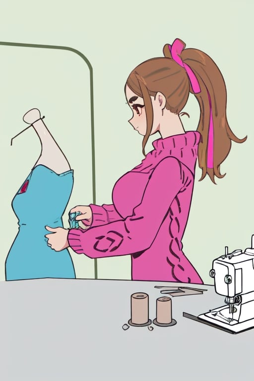 Epic. illustration. Young woman, beautiful Chestnut_hair, Brown_eyes, thick_eyebrows, long_hair. Pink coloured Fluffy_sweater. Dressmaking. Table with sewing machince. pastel_colors. Mannequin with blue fancy dress