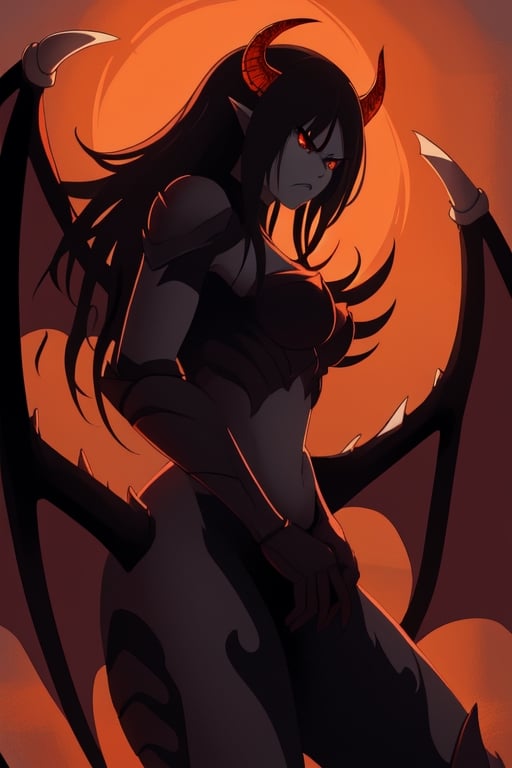 Epic. illustration. Dragonborn queen [dragon wings], slim, black_hair, red_eyes, angry_eyes, pretty_face, black_horns, red_scales. Orange_background, background_sky.