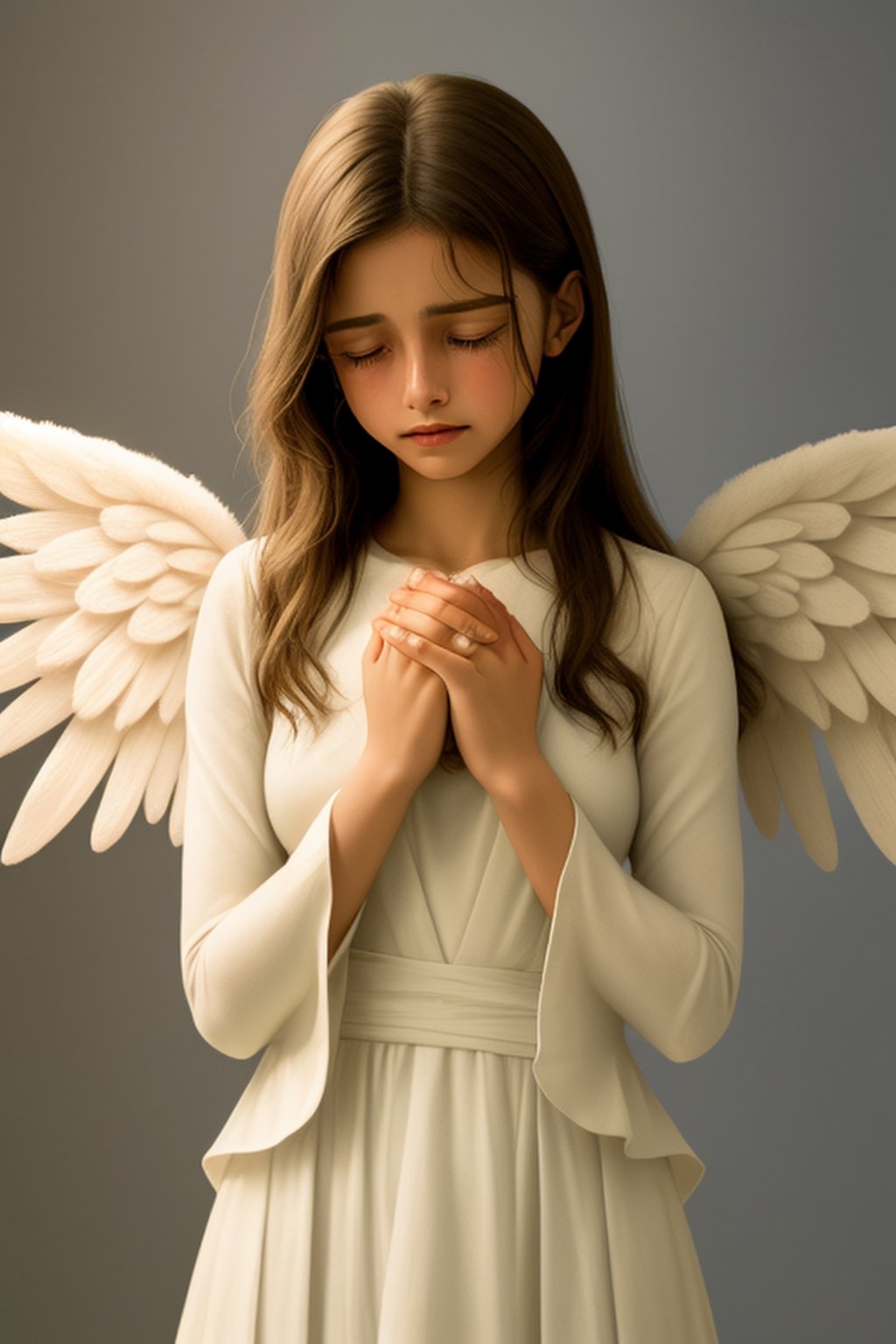 angel crying into her hands. stood side on.