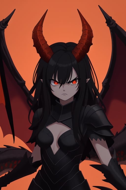 Epic. illustration. Dragonborn queen [dragon wings], slim, black_hair, red_eyes, angry_eyes, pretty_face, black_horns, red_scales. Orange_background, background_sky.