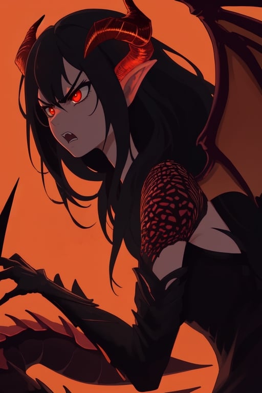 Epic. illustration. 1woman, Dragonborn queen [dragon wings], slim, black_hair, red_eyes, angry_eyes, pretty_face, black_horns, red_scales. Orange_background, background_sky.