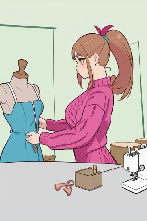 Epic. illustration. Young woman, beautiful Chestnut_hair, Brown_eyes, thick_eyebrows, long_hair, ponytail. Pink coloured Fluffy_sweater. Dressmaking. Table with sewing machince. pastel_colors. Mannequin with blue fancy dress