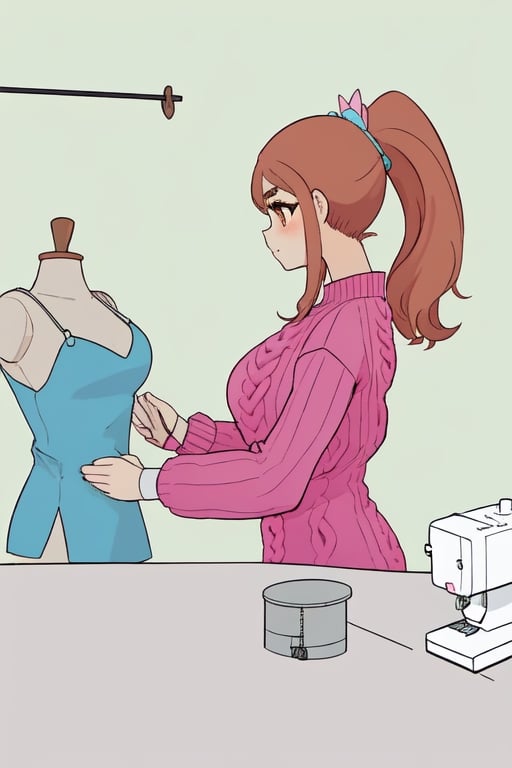 Epic. illustration. Young woman, beautiful Chestnut_hair, Brown_eyes, thick_eyebrows, long_hair, ponytail. Pink coloured Fluffy_sweater. Dressmaking. Table with sewing machince. pastel_colors. Mannequin with blue fancy dress