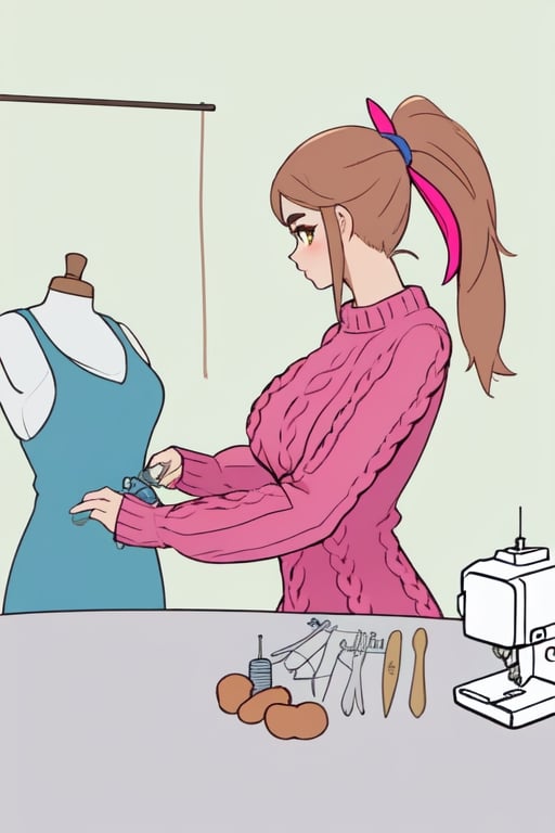 Epic. illustration. Young woman, beautiful Chestnut_hair, Brown_eyes, thick_eyebrows, long_hair, ponytail. Pink coloured Fluffy_sweater. Dressmaking. Table with sewing machince. pastel_colors. Mannequin with blue fancy dress