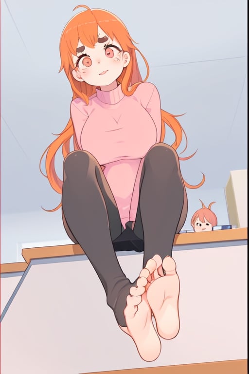Young lady [Orange hair::no fringe::, pink sweater, black leggings, barefeet::good anatomy::]. Cute face, thick eyebrows, round eyes with large eyelashes. Sitting on Office desk. View from below.