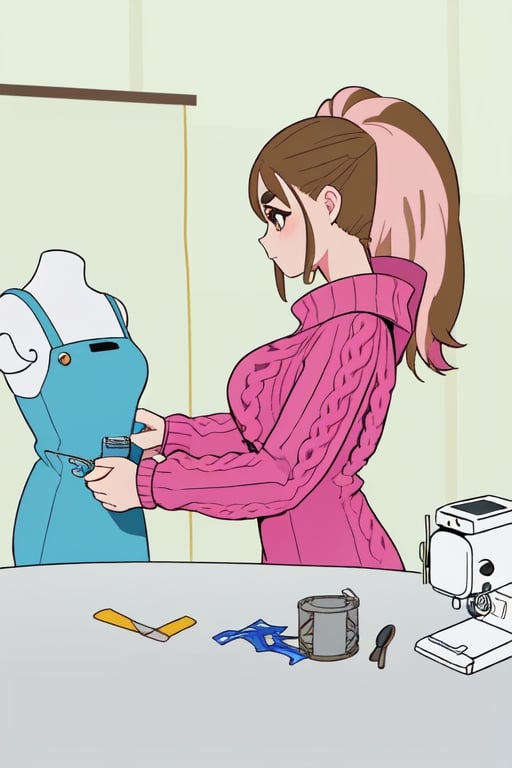 Epic. illustration. Young woman, beautiful Chestnut_hair, Brown_eyes, thick_eyebrows, long_hair. Pink coloured Fluffy_sweater. Dressmaking. Table with sewing machince. pastel_colors. Mannequin with blue fancy dress