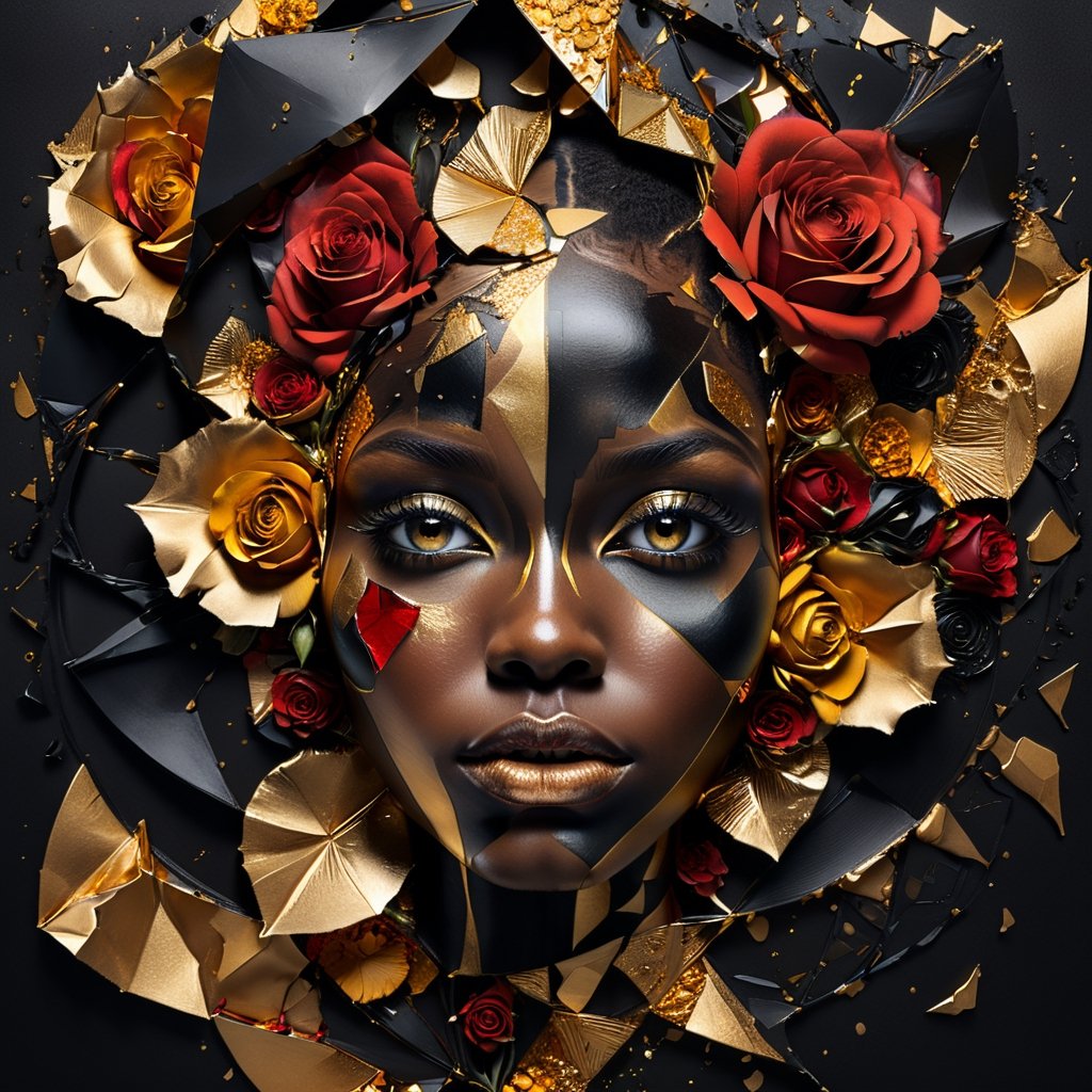 Ultra detailed artistic abstract photography of black skinned woman's face (geometrical), golden, red roses, detailed symmetric circular iris, shattered paper fragments, inspired by Alberto Seveso, abstract art style, intricate complex watercolor painting, sharp eyes, digital painting, color explosion, ink drip, mix gold and black colors, Concept art, volumetric lighting, metallic reflections, 8k, concept photography, 
