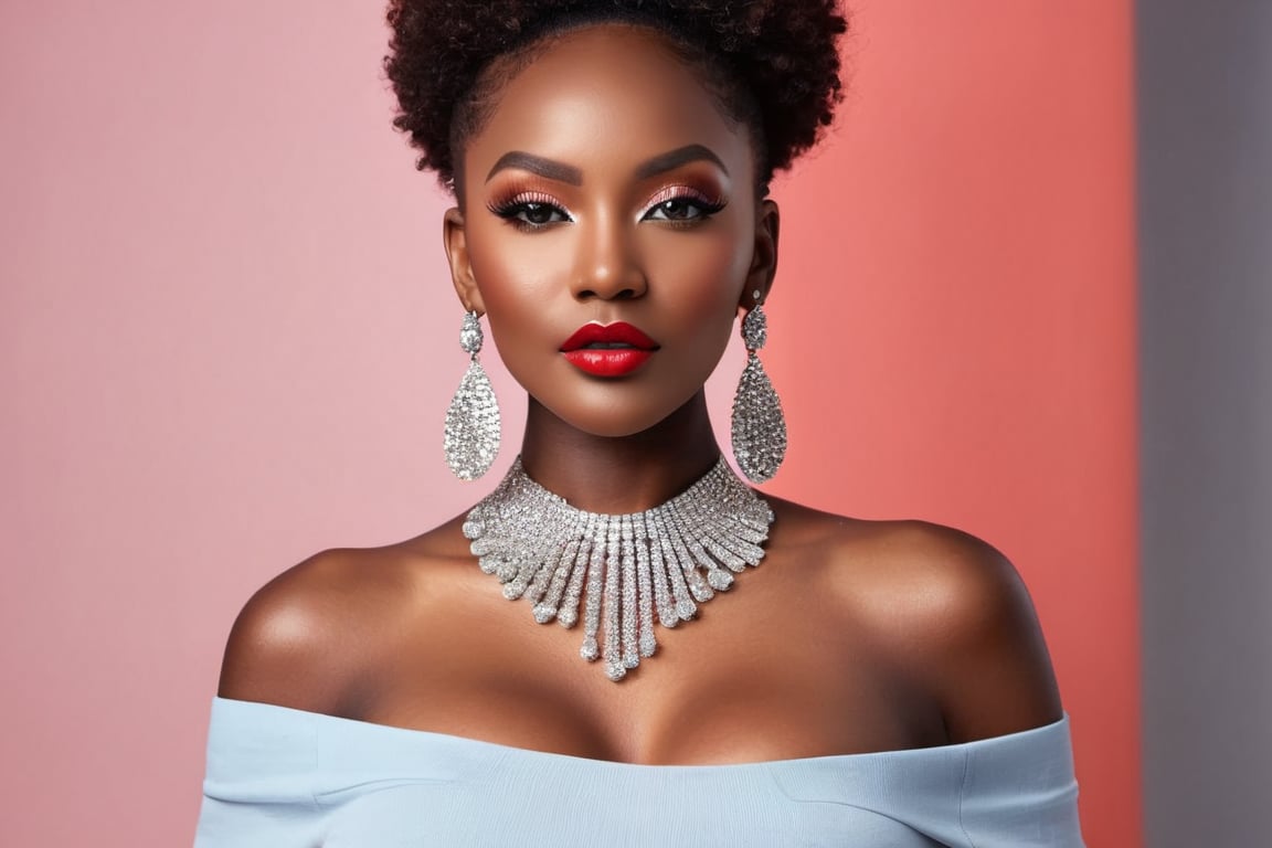 high fashion woman, 30 years, (masterpiece, top quality, best quality, official art, beautiful and aesthetic:1.2), (half body shot) ,(black skinned),(enhanced fake rounded breasts 32D), ((breasts out)1.5), show boobs, (detailed realistic nipple visible), colourful face makeup, (red lips), colorful eyeshadow, glitter in the face ,extremely detailed, ,highest detailed, (dynamic pose), (blured background) ,(silver rhinestone tassle earrings), (silver rhinestone choker) , nude,