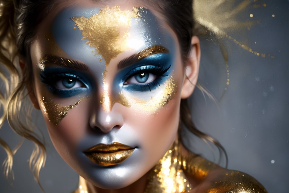 silver and gold, abstract nude beauty, realistic beautiful woman, painted face and body, metalic glitter, face and upper body portrait,DonML1quidG0ldXL ,more detail XL,(PnMakeEnh)