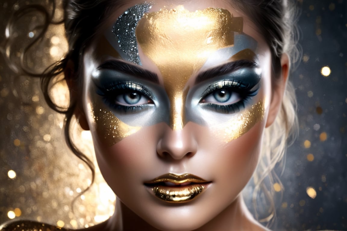 silver and gold, abstract nude beauty, realistic beautiful woman, painted face and body, metalic glitter, face and upper body portrait,DonML1quidG0ldXL ,more detail XL,(PnMakeEnh)